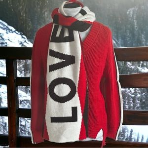 Express Red Sweater w/Black & White Stripes Down Sleeves and Love Scarf Size XS